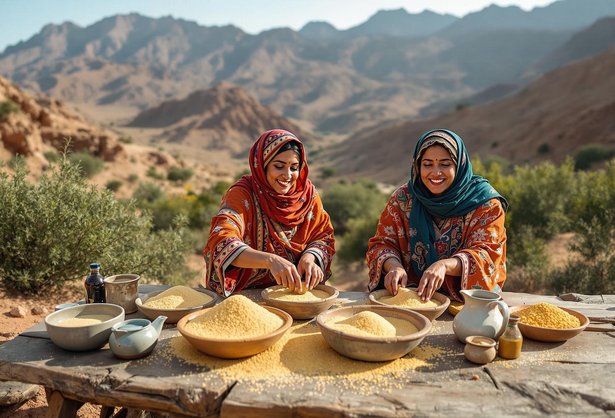 A photograph capturing a Berber family in the Atlas Mountains preparing couscous by hand, showcasing their traditional lifestyle and cultural heritage.