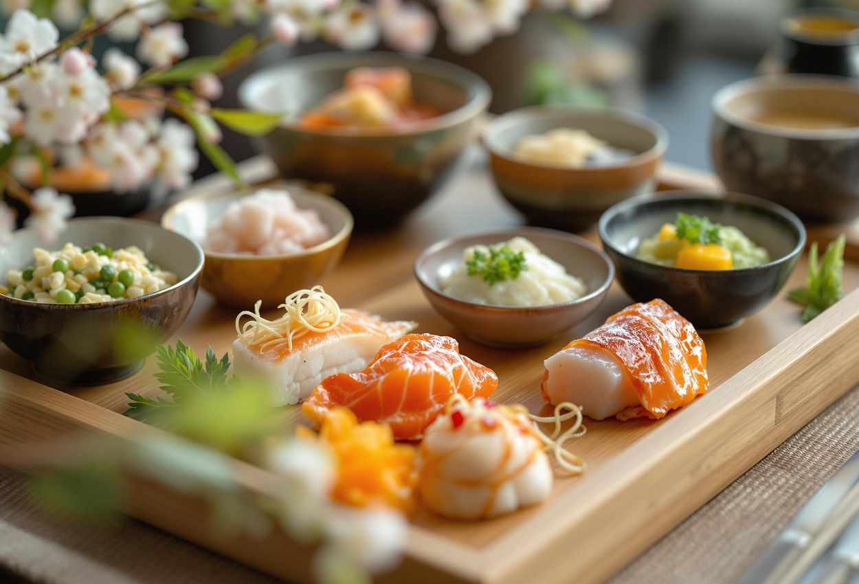 A macro photograph capturing the artistry and seasonal beauty of a Hassun course from a traditional Kaiseki meal in Kyoto, Japan. Showcasing the delicate flavors and meticulous presentation of spring ingredients.