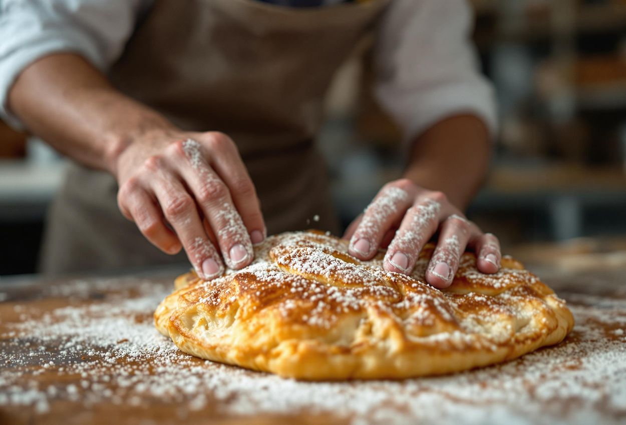 A detailed photograph captures a baker in Fez dusting a chicken pastilla with powdered sugar and cinnamon, showcasing Moroccan culinary artistry.