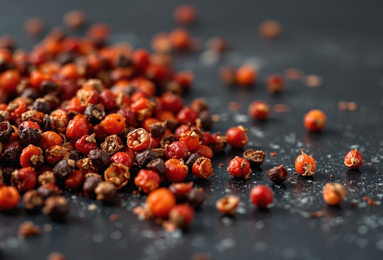 Close-Up of Sichuan Peppercorns: A Culinary Spice Portrait A detailed close-up photograph of Sichuan peppercorns, showcasing their unique texture and reddish-brown color against a dark slate background.