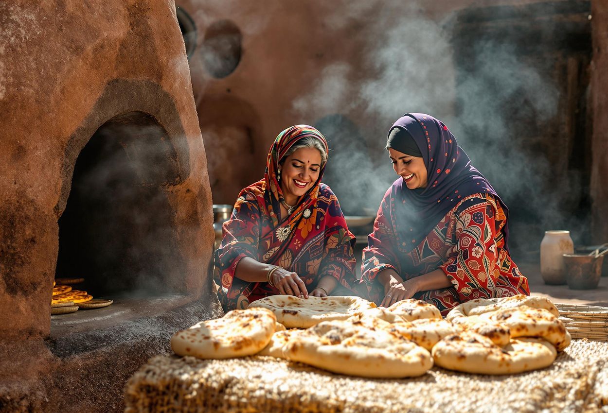 A medium shot captures Berber women baking bread in a traditional clay oven in an Atlas Mountain village. The scene highlights their cultural heritage and communal spirit.