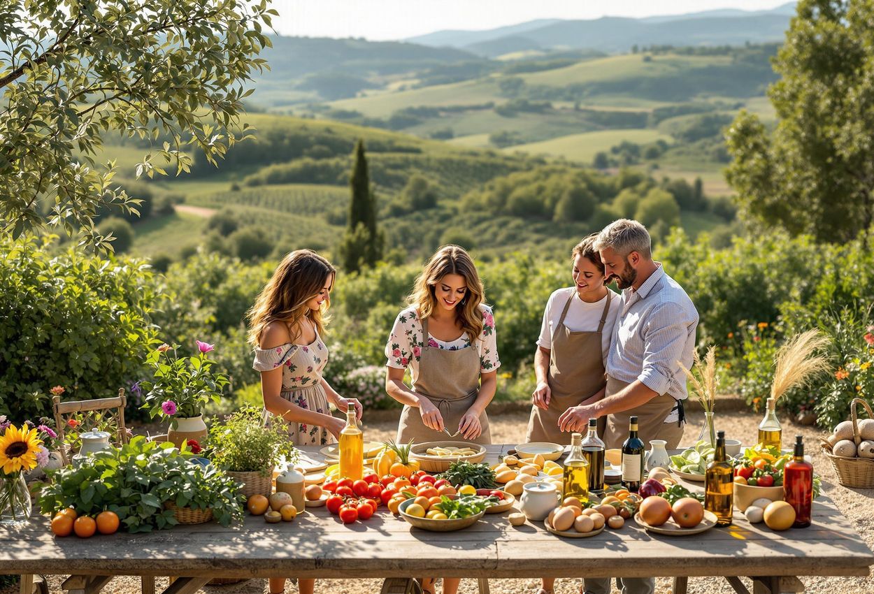 A serene landscape photograph capturing a Tuscan agriturismo cooking class, showcasing rolling hills, vineyards, and the joy of preparing traditional dishes with fresh, local ingredients.