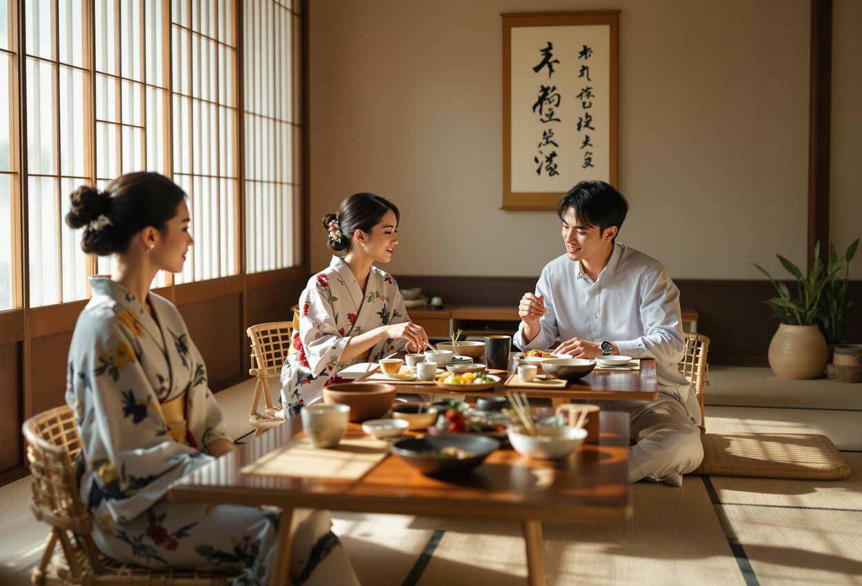 A photograph capturing the peaceful ambiance of a traditional Kaiseki restaurant in Kyoto, featuring diners enjoying a multi-course meal in a minimalist setting with soft natural light.