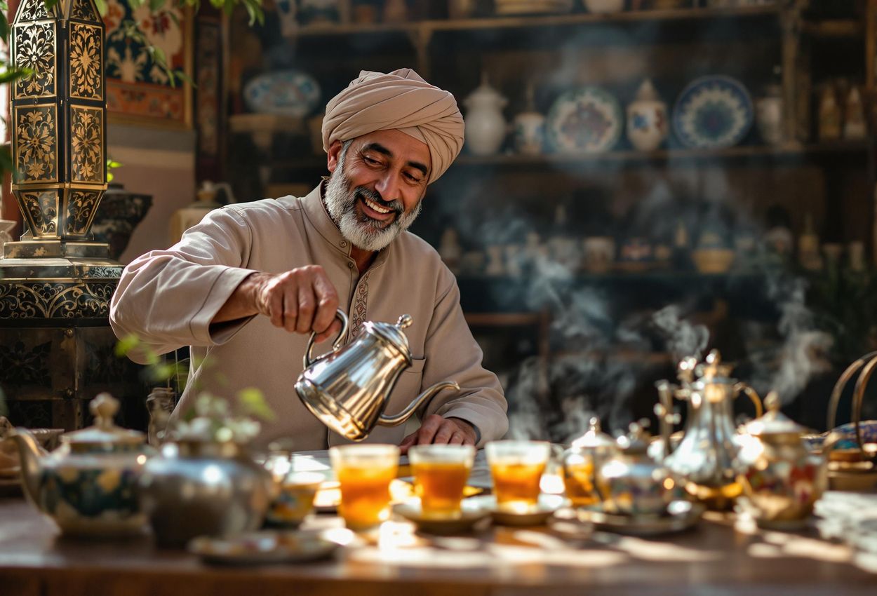A medium shot captures a Moroccan tea house owner pouring tea and sharing stories in a traditional Marrakech Medina tea house, showcasing the rich cultural heritage of Moroccan tea culture.