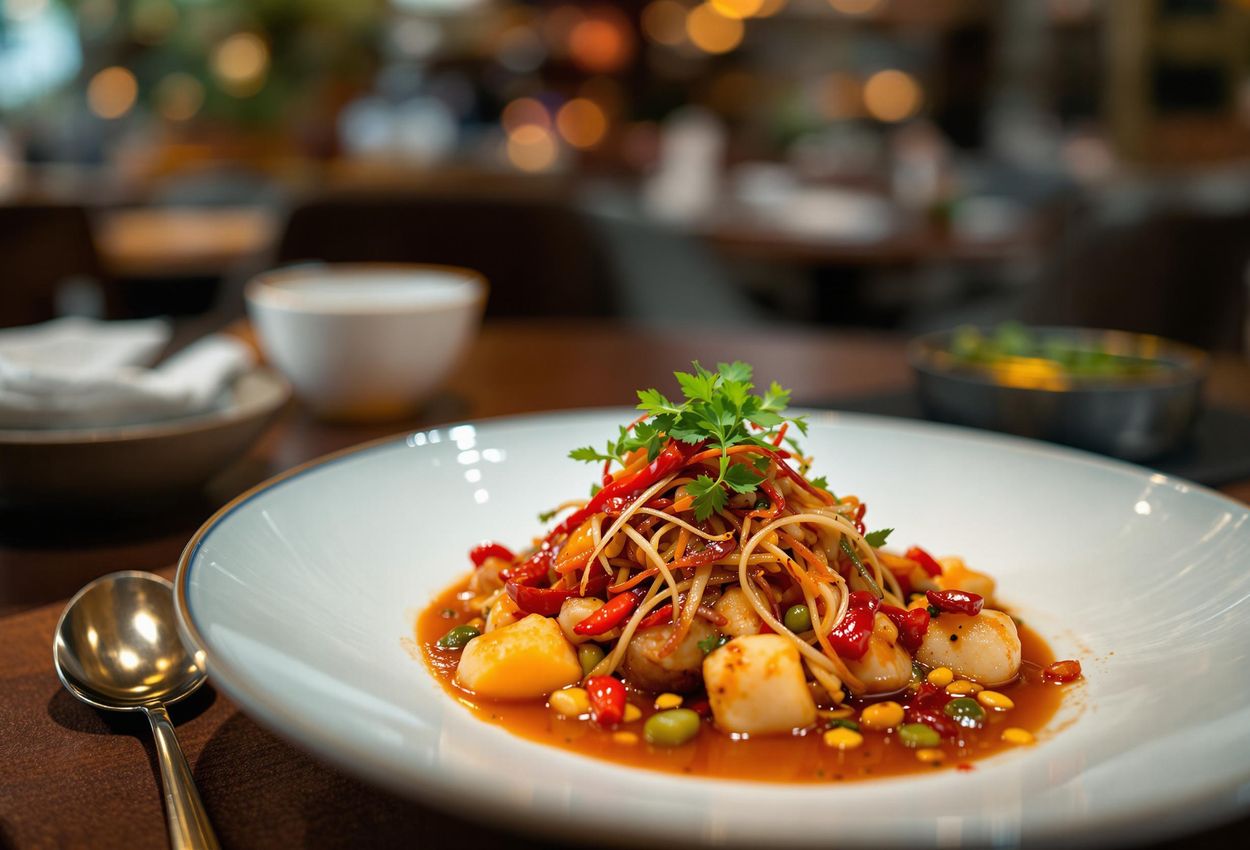 Exquisite Sichuan Dish at Li Xuan Restaurant, Shanghai A captivating photograph showcasing a beautifully presented Sichuan dish at the luxurious Li Xuan restaurant in Shanghai. The image highlights the artistry and culinary innovation of high-end Chinese cuisine.