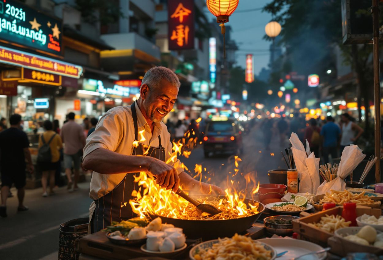 Vibrant Bangkok Street Food Scene at Dusk A captivating photograph capturing the energy of Bangkok