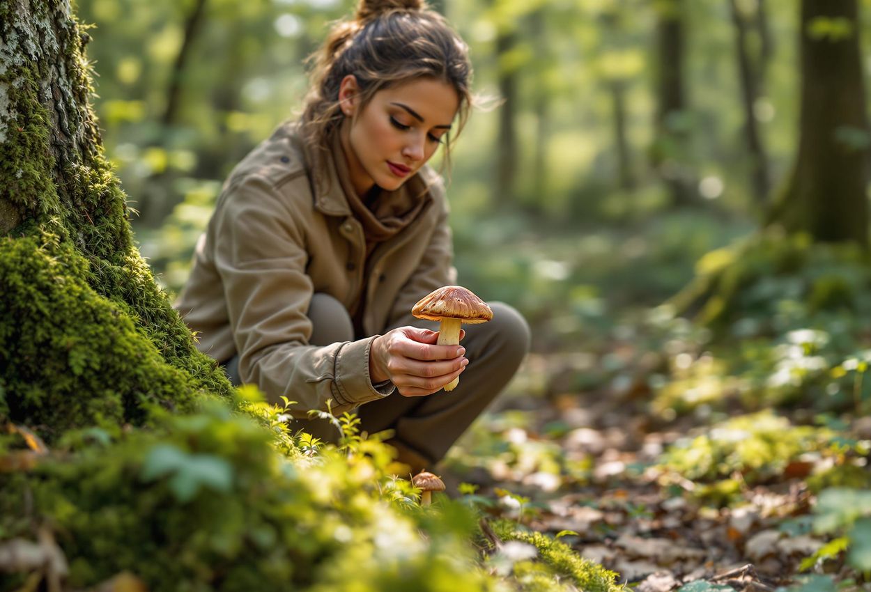 A close-up photograph of a forager carefully examining a wild mushroom in a lush Tuscan forest. The image captures the essence of Tuscan foraging and the beauty of the natural world.