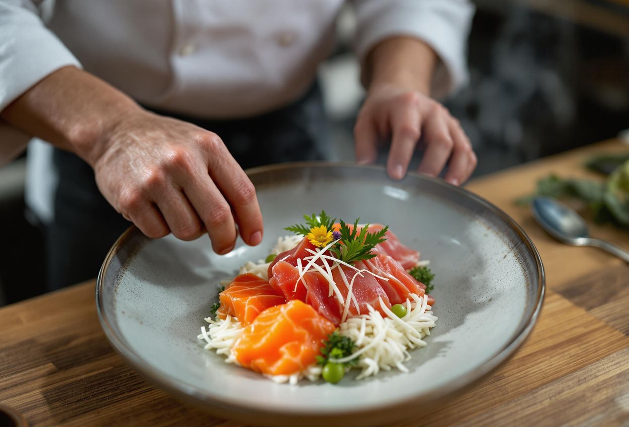 A close-up photograph captures a chef meticulously arranging sashimi at a Kaiseki restaurant in Kyoto, showcasing the artistry and dedication to seasonal ingredients.