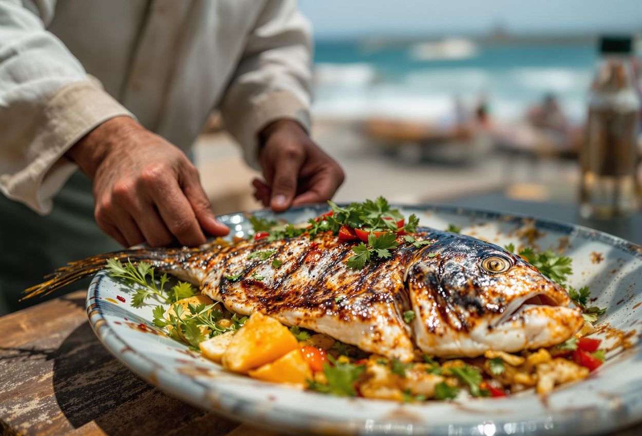 A close-up photograph of grilled fish being served at a small seafood restaurant on the beach in Essaouira, Morocco. The image captures the simplicity and freshness of Essaouira