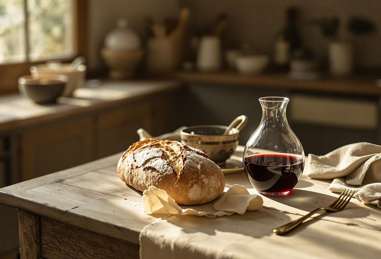 A sepia-toned photograph of a simple table setting, reminiscent of early food photography. The scene includes rustic bread, earthenware dishes, and a wine carafe, all bathed in soft, diffused light.