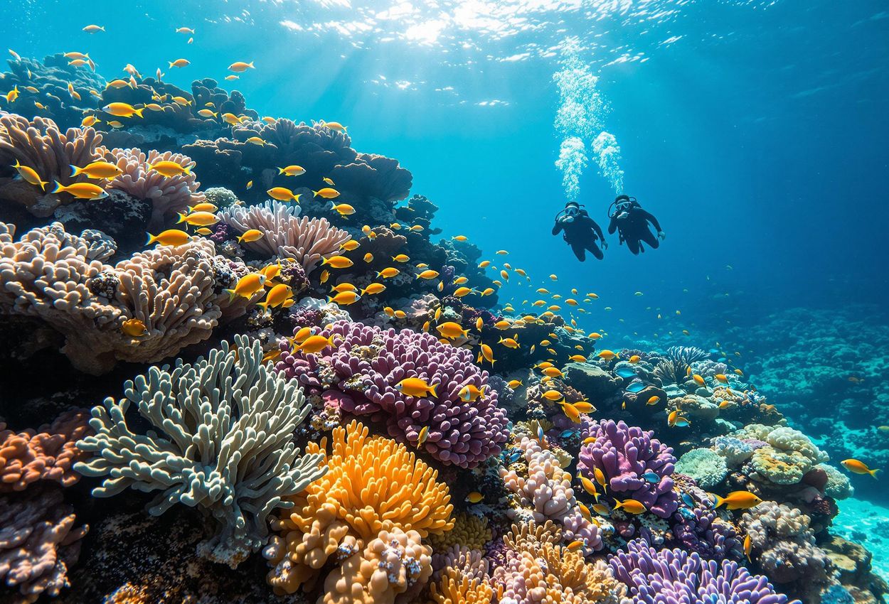 A stunning photograph capturing the beauty of a coral reef in the Philippines, teeming with marine life and divers observing responsible tourism.