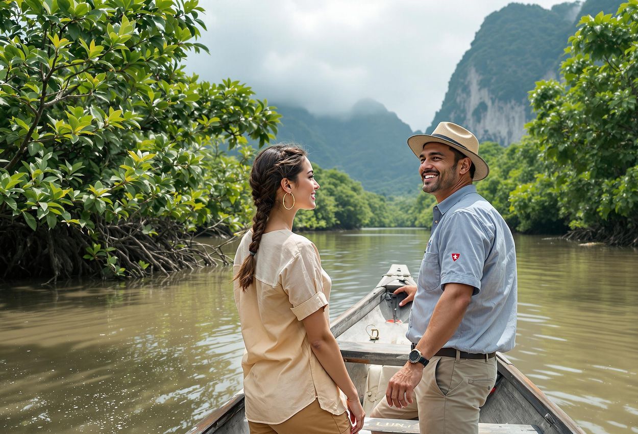 A visually detailed photograph of a traveler on a mangrove tour in Langkawi, Malaysia, showcasing the region