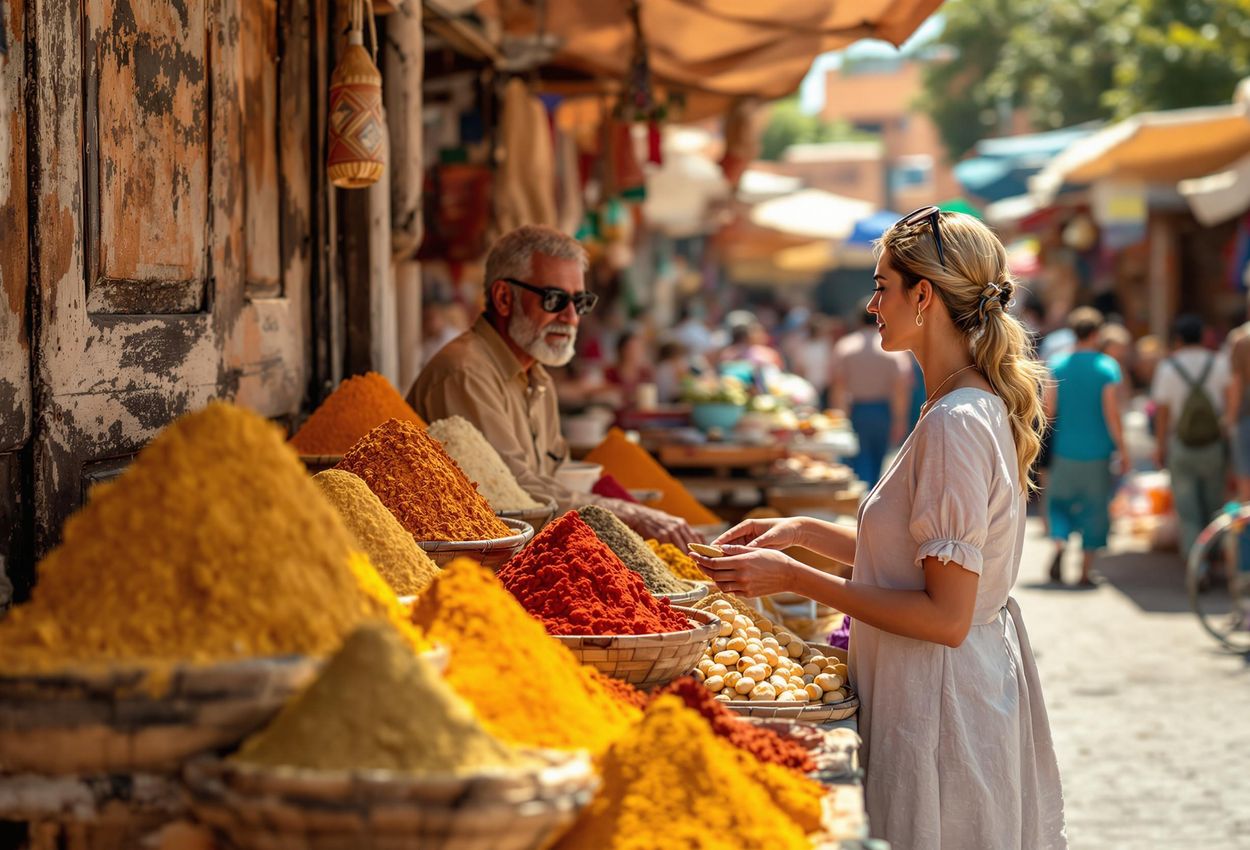 A vibrant photograph capturing a bustling Marrakech farmer