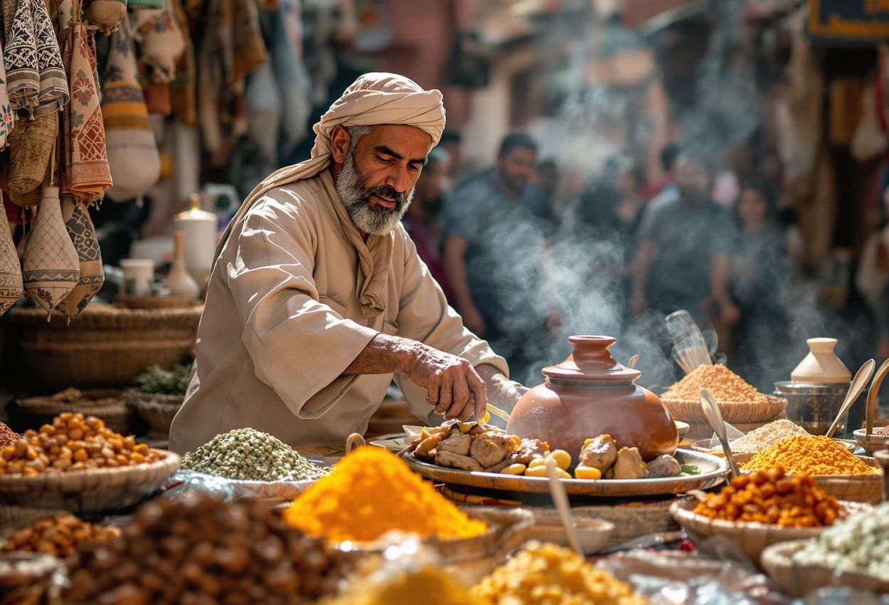 A captivating photograph capturing a street vendor in Marrakech preparing traditional tagine, showcasing the vibrant culinary culture of Morocco.