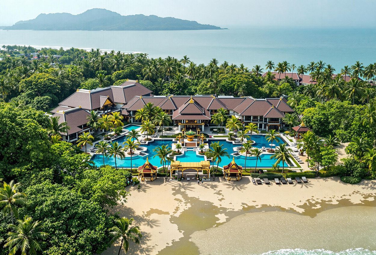 An aerial photograph showcasing the luxurious Chiva-Som wellness retreat in Hua Hin, Thailand, featuring its lush gardens, serene pools, and traditional Thai architecture.