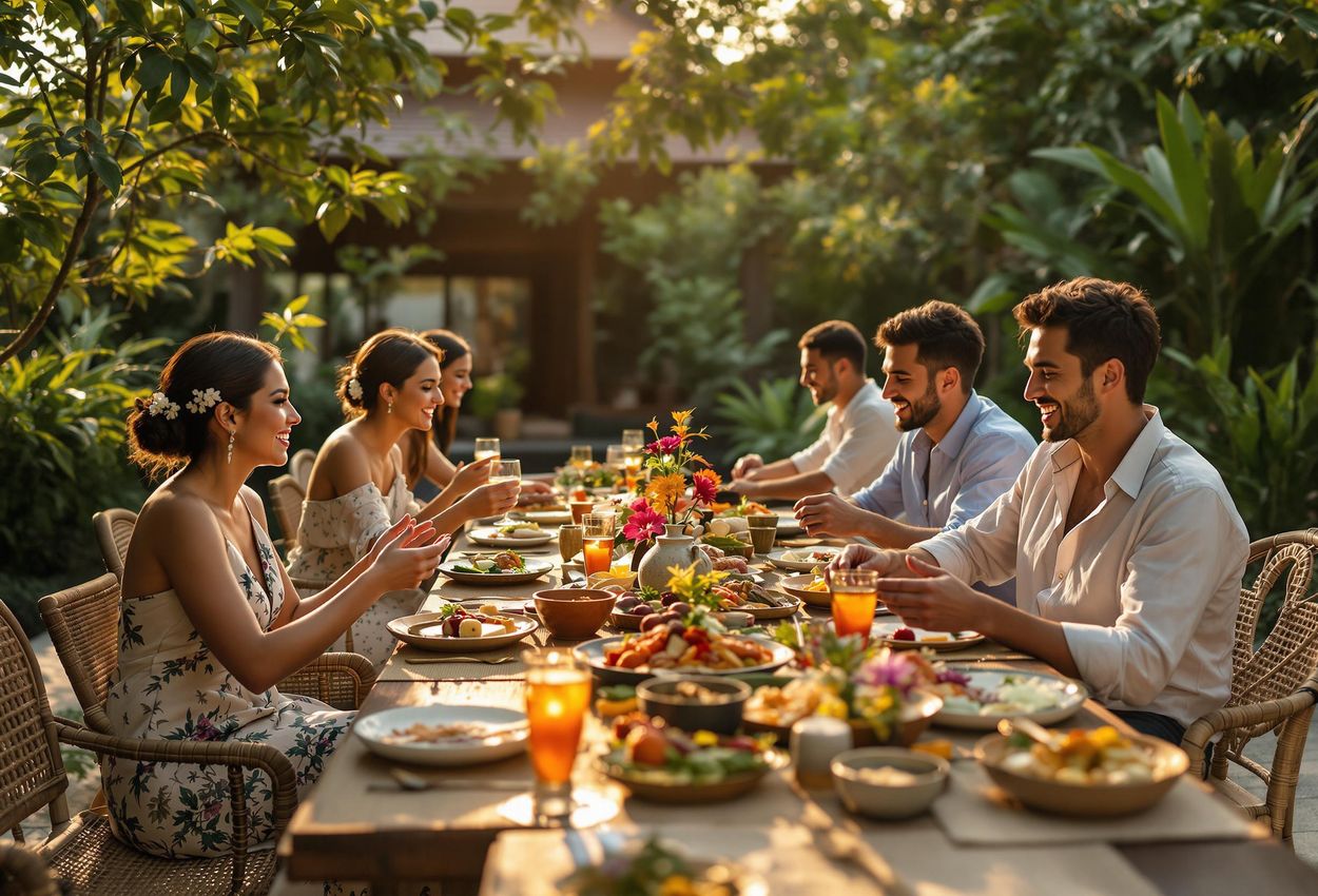 A photograph capturing a peaceful evening at a culinary retreat in Bali, Indonesia, where participants share a communal dinner amidst lush tropical scenery.