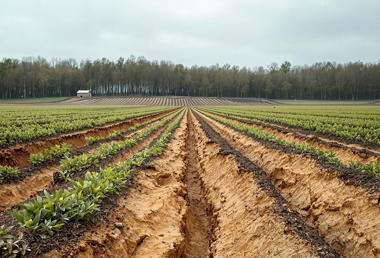 Environmental Impact on Traditional Farmland A photograph depicting the environmental impact of traditional agriculture, showcasing soil erosion and deforestation in a farm field.