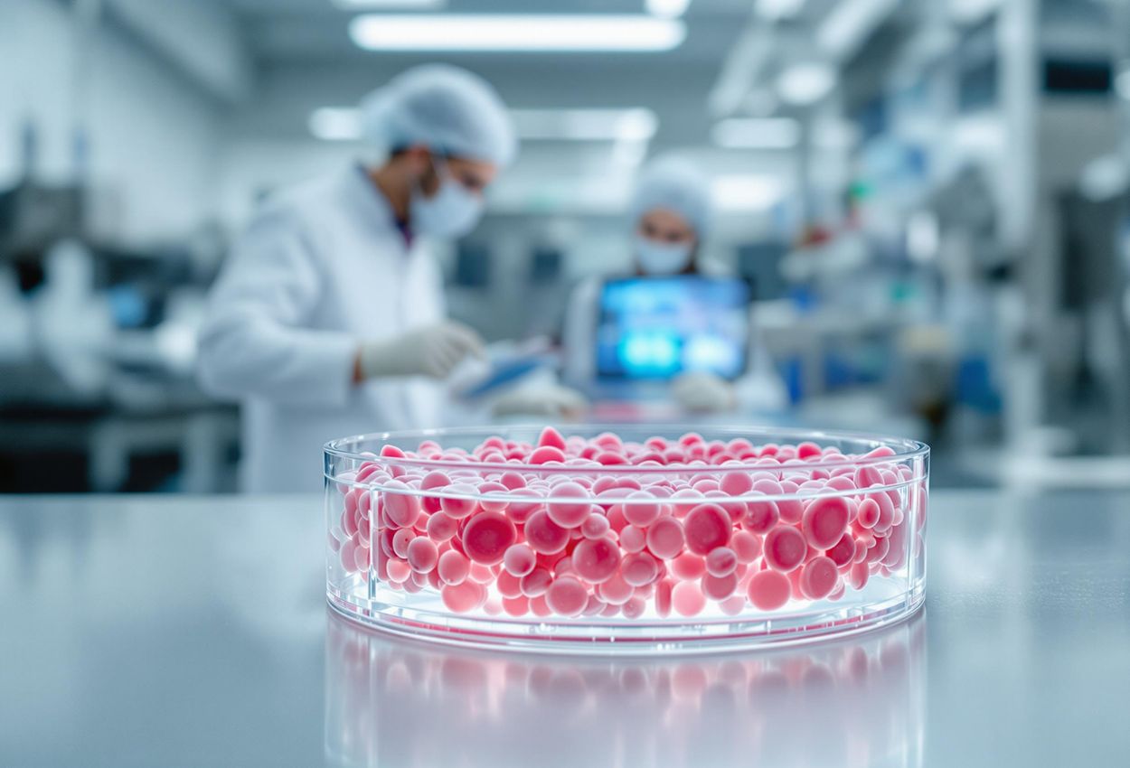 Lab-Grown Meat Cultivation: A Sustainable Future A close-up photograph of lab-grown meat cells being cultivated in a sterile laboratory, showcasing the potential of sustainable meat production.