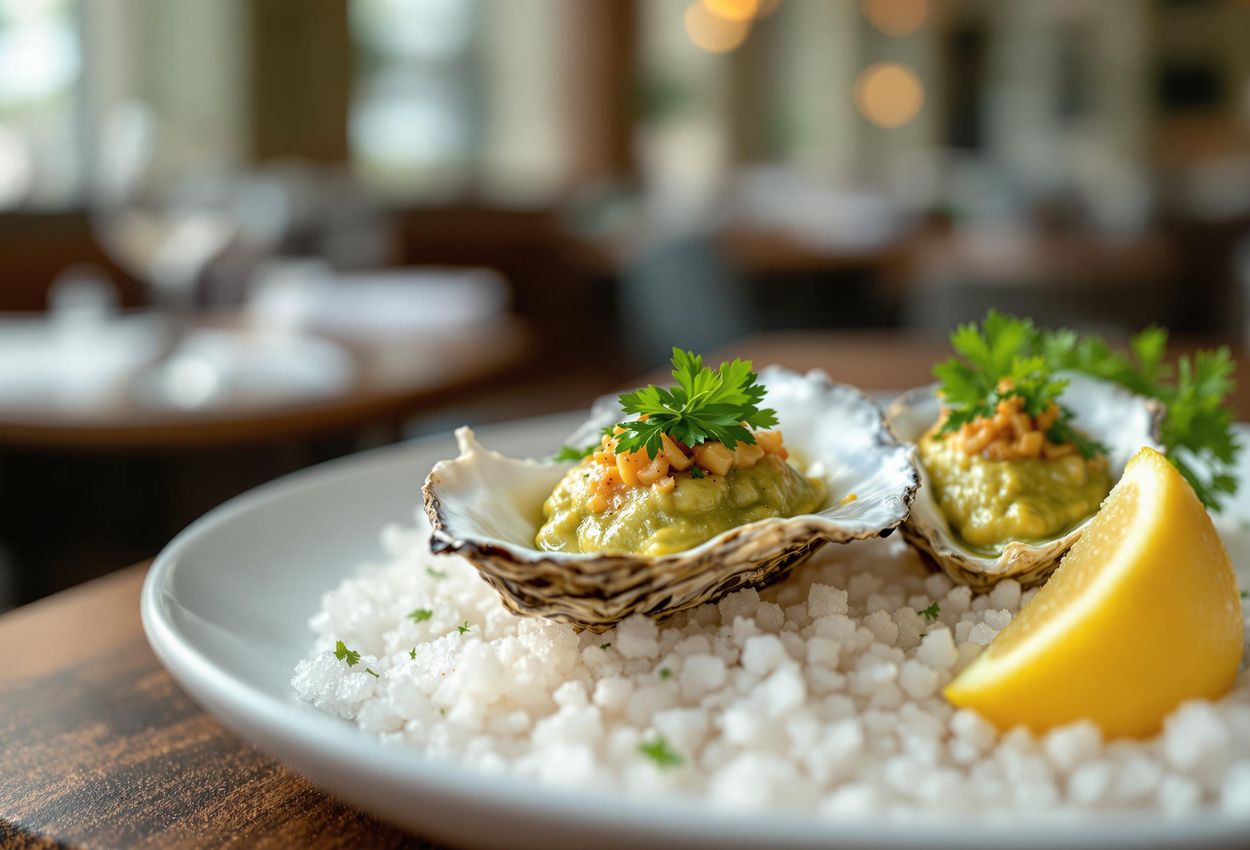 A close-up photograph of Oysters Rockefeller, a classic Creole dish, served at the renowned Antoine