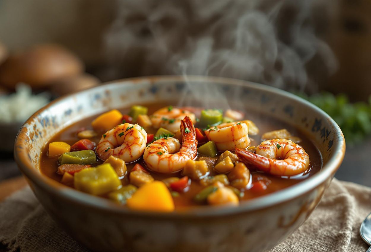 A detailed close-up photograph of steaming New Orleans gumbo, showcasing the rich broth, shrimp, sausage, okra, and vegetables in a rustic kitchen setting.