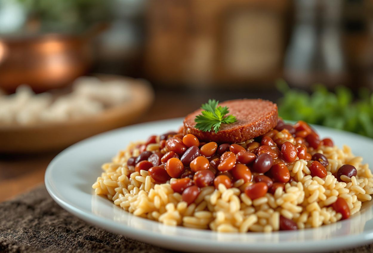 A close-up photograph of Red Beans and Rice, a classic New Orleans dish, showcasing creamy red beans, fluffy rice, fresh parsley, and smoked Andouille sausage in a warm, inviting kitchen setting.