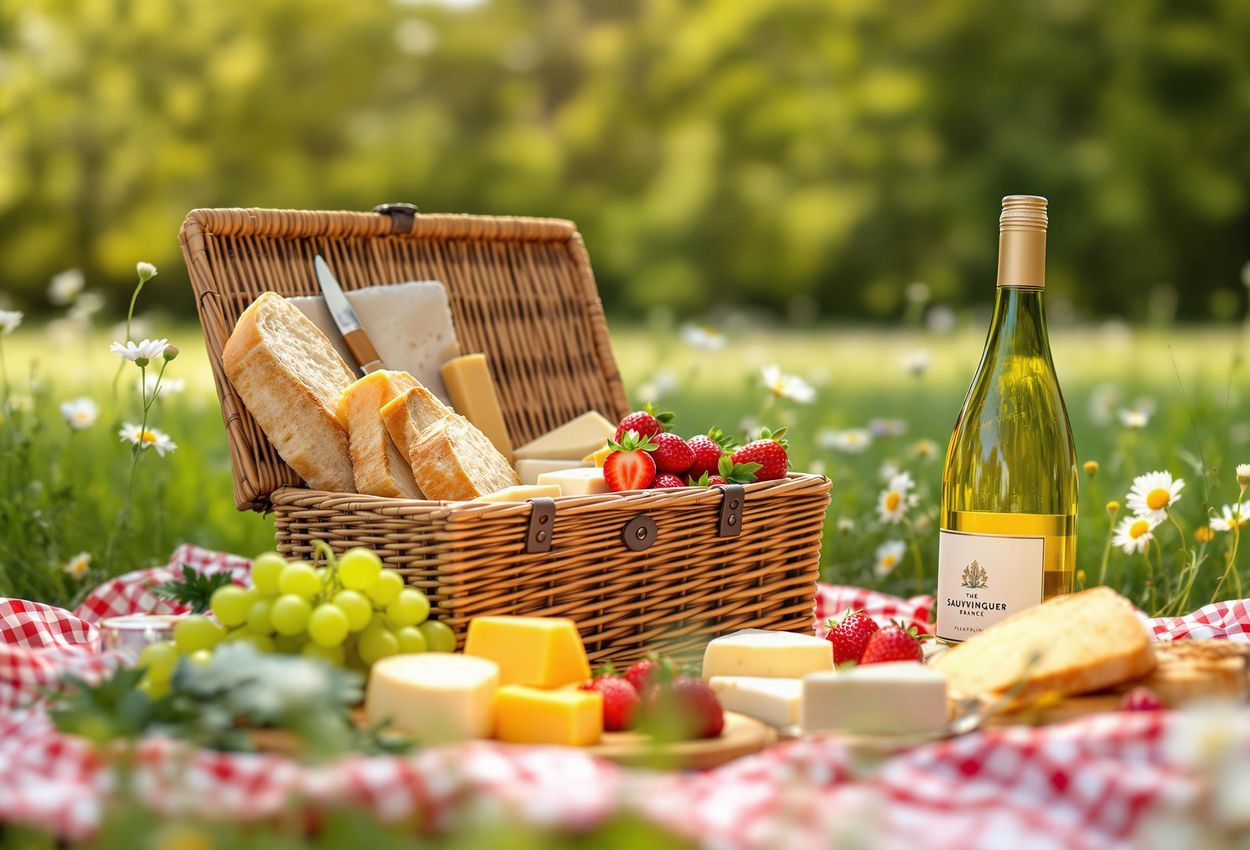 Gourmet Picnic in Sunny Meadow - A Culinary Delight A picturesque scene of a gourmet picnic basket overflowing with cheeses, bread, fruit, and wine, set in a sunny meadow. Perfect for visually impaired users seeking a serene and detailed image description.