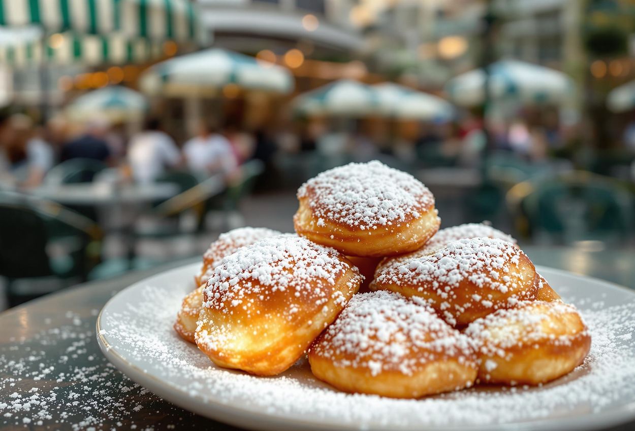 A close-up photograph of a plate of warm beignets covered in powdered sugar at Cafe Du Monde in New Orleans, capturing the iconic treat