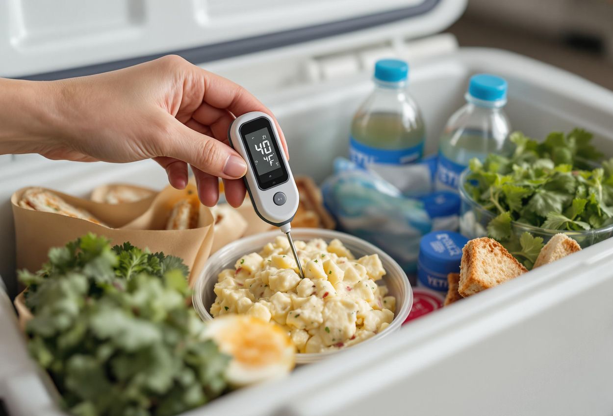 Checking Food Temperature in Picnic Cooler A close-up photograph shows a hand using a digital thermometer to ensure the food inside a picnic cooler is at a safe temperature, emphasizing food safety and organization.