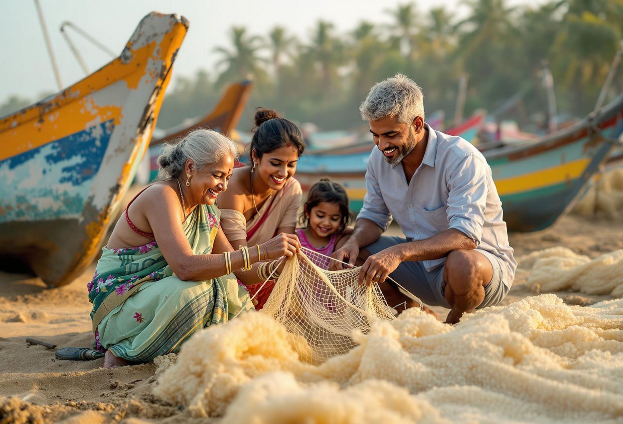A heartwarming photo capturing a local Kerala family sharing their fishing traditions with a tourist on a sandy beach at dawn.