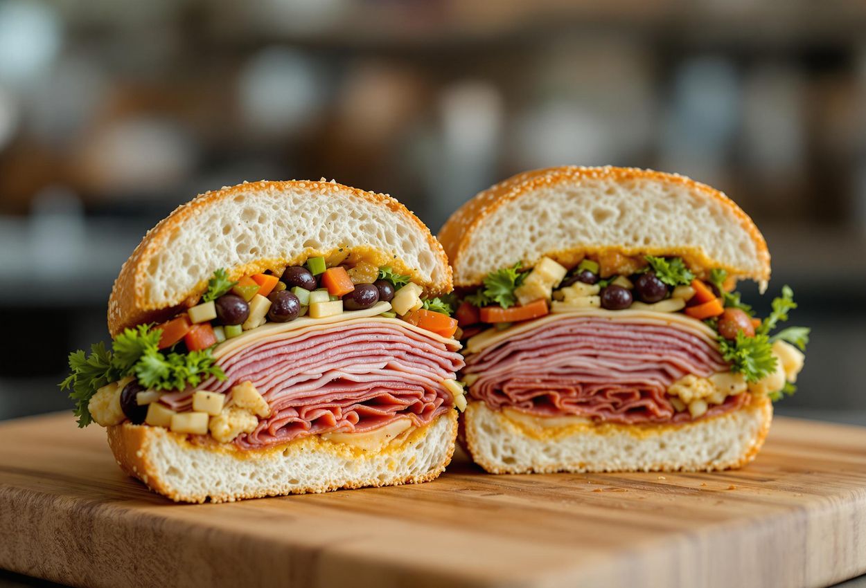 A detailed photograph of a Muffuletta sandwich from Central Grocery in New Orleans, showcasing the layers of cured meats, cheeses, and olive salad. The sandwich is cut in half, revealing the colorful ingredients, under bright, even lighting.
