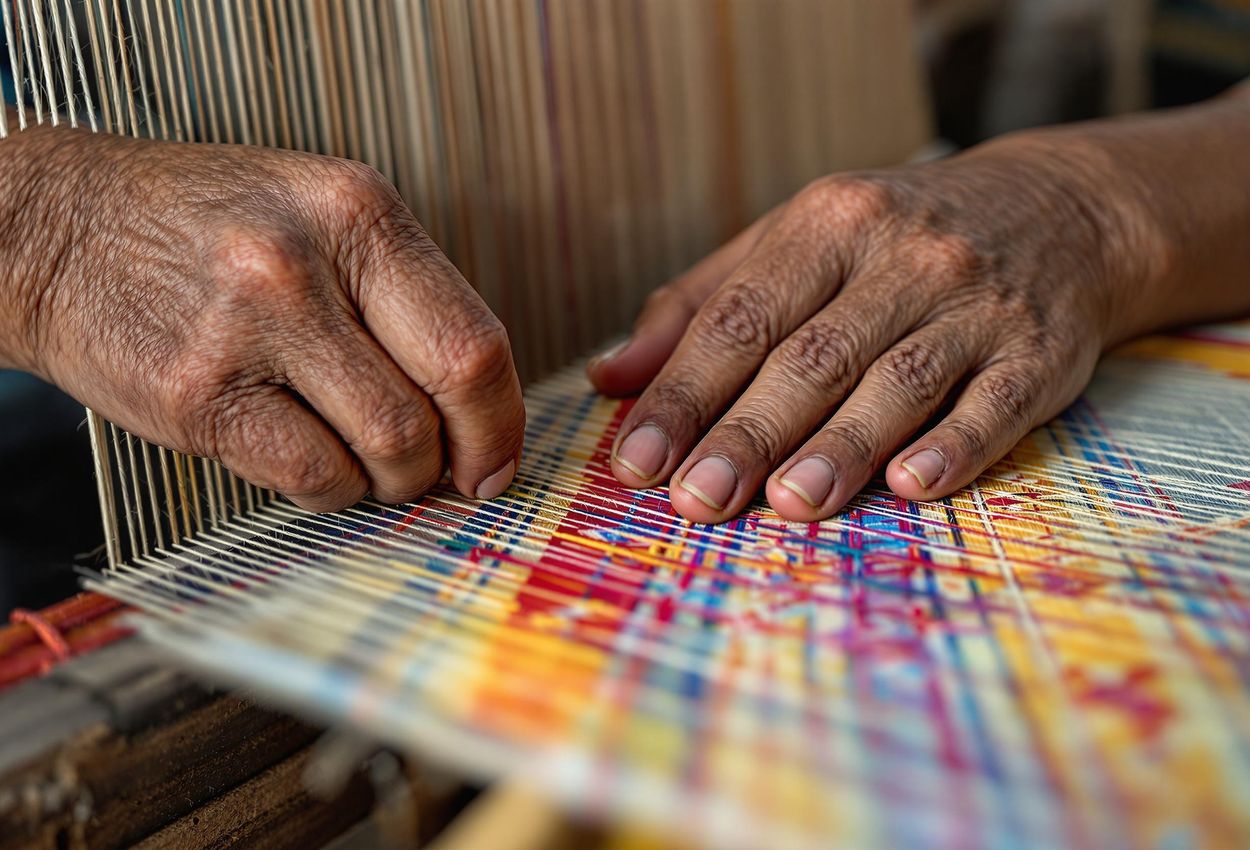 A close-up photograph capturing the skilled hands of a Filipino artisan weaving a colorful textile, highlighting the rich cultural heritage and artistry of traditional Philippine crafts.