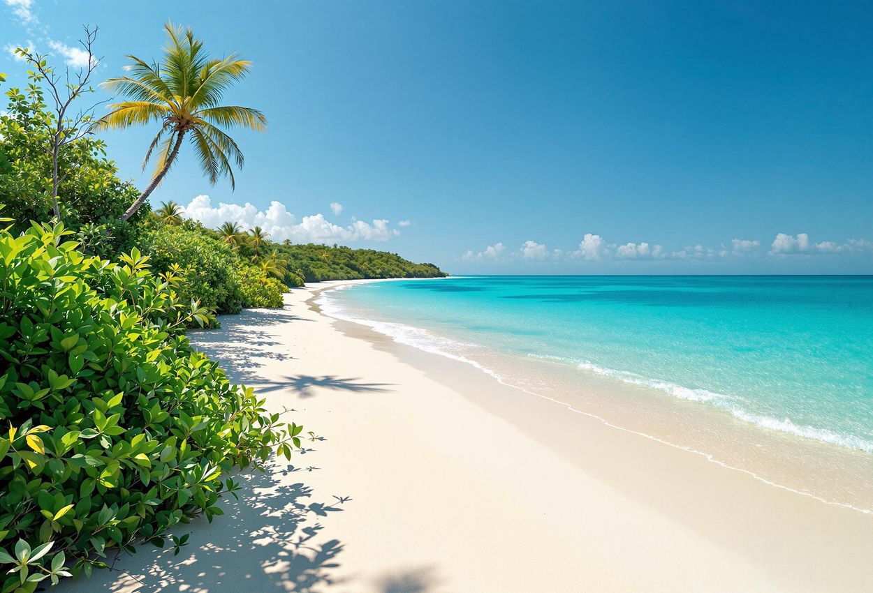 A serene photograph of a pristine beach in the Quirimbas Archipelago, Mozambique, showcasing white sand, turquoise waters, and lush vegetation under the soft morning light.