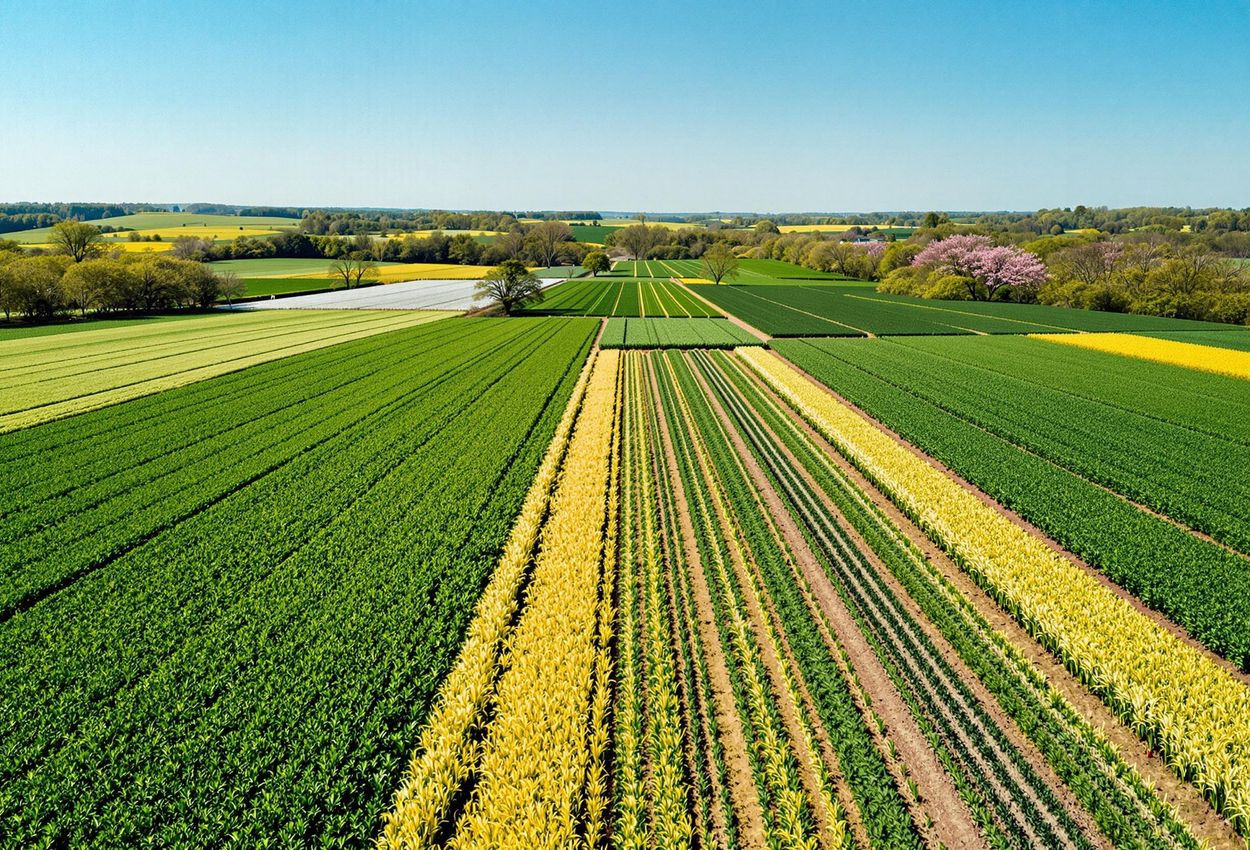 An aerial photograph capturing the beauty and productivity of a regenerative farm in springtime, showcasing diverse crops and healthy soil.