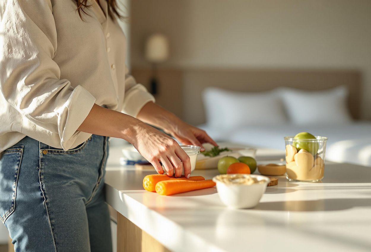 A woman unpacks healthy groceries in a modern hotel room, showcasing a focus on wellness and mindful travel.