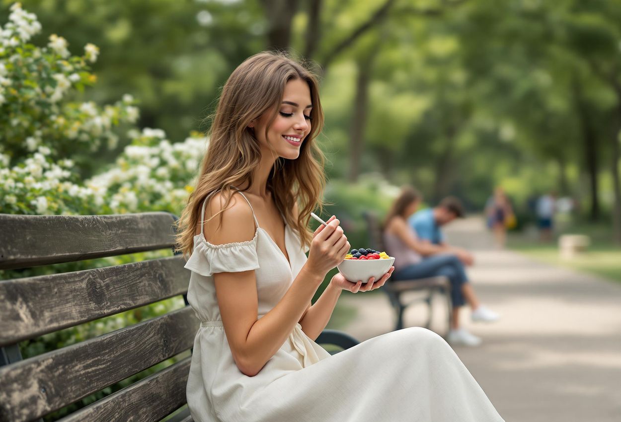 A photograph of a traveler practicing intuitive eating in a peaceful park, savoring a healthy snack and connecting with nature.