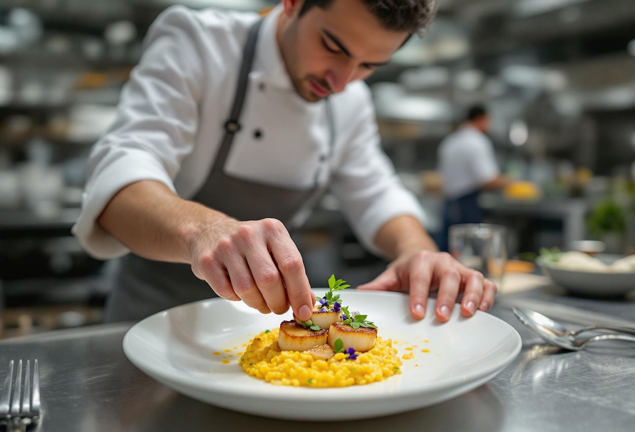 Chef Plating Exquisite Dish in Professional Kitchen A photograph capturing a chef meticulously plating a visually stunning dish in a pristine, high-end restaurant kitchen, showcasing precision, skill, and artistry.