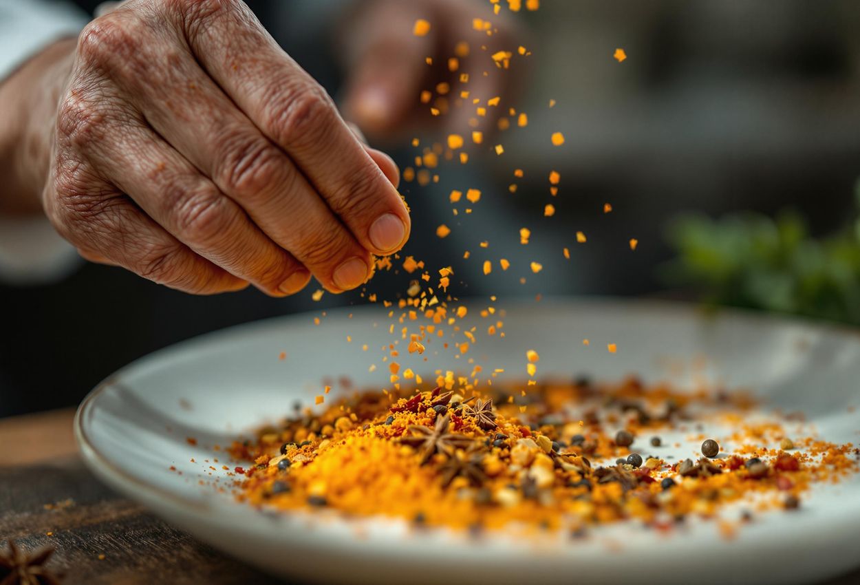 Chef Sprinkling Spices: A Culinary Macro Shot A detailed macro photograph capturing a chef