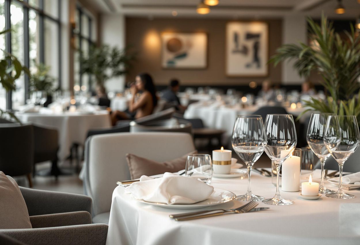Elegant Restaurant Interior Photography, May 1, 2025 A photograph captures the interior of a high-end restaurant on May 1, 2025, showcasing soft lighting, elegant table settings, and relaxed diners.