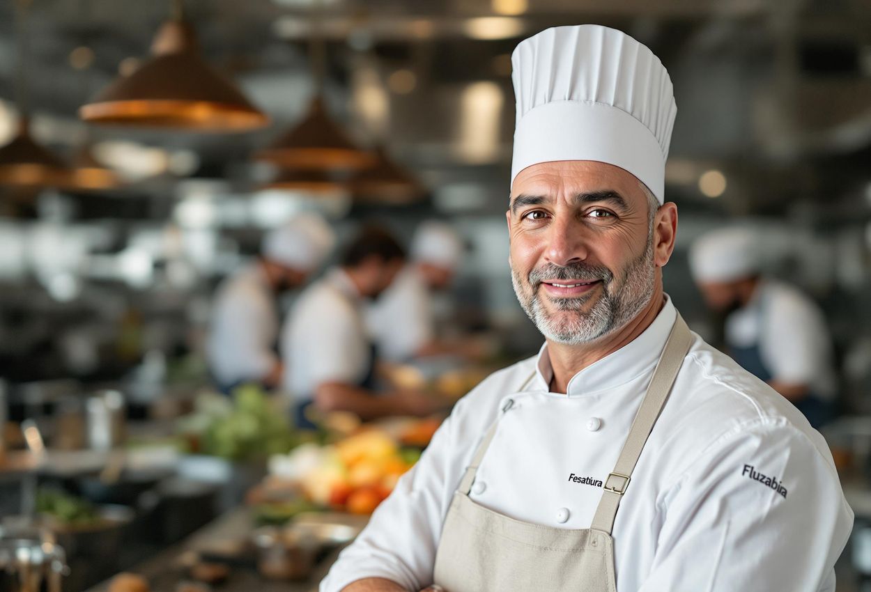 Chef and Team in Bustling Kitchen, Afternoon Light A photograph captures a chef standing proudly in their kitchen, surrounded by their team, bathed in soft afternoon light.