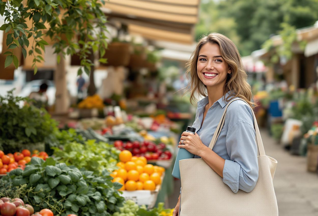 A woman smiles while holding a reusable water bottle and shopping bag filled with fresh produce at a vibrant farmers market in Tuscany, Italy.