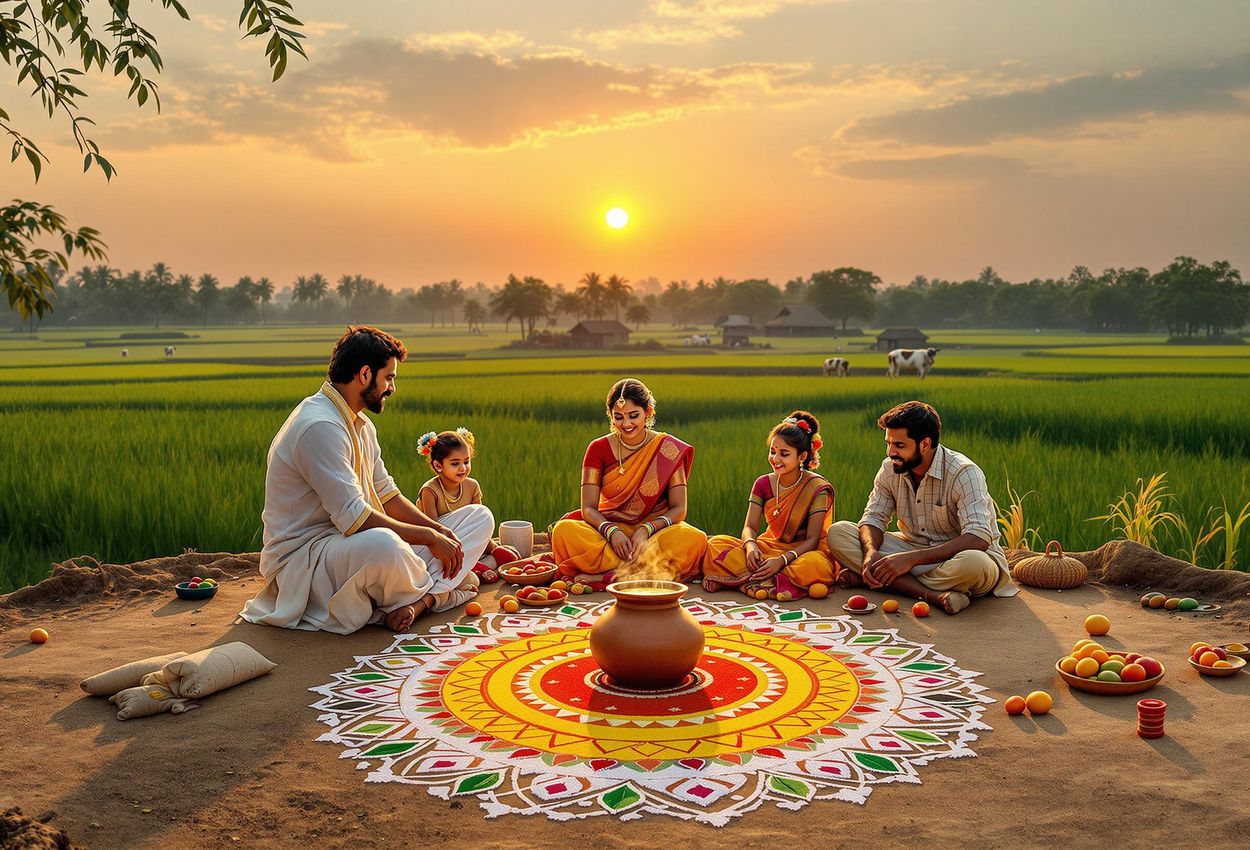 A photograph capturing a serene sunrise over a rural Tamil Nadu village during Thai Pongal. A family in traditional attire offers prayers, surrounded by lush paddy fields and the warm glow of the rising sun.