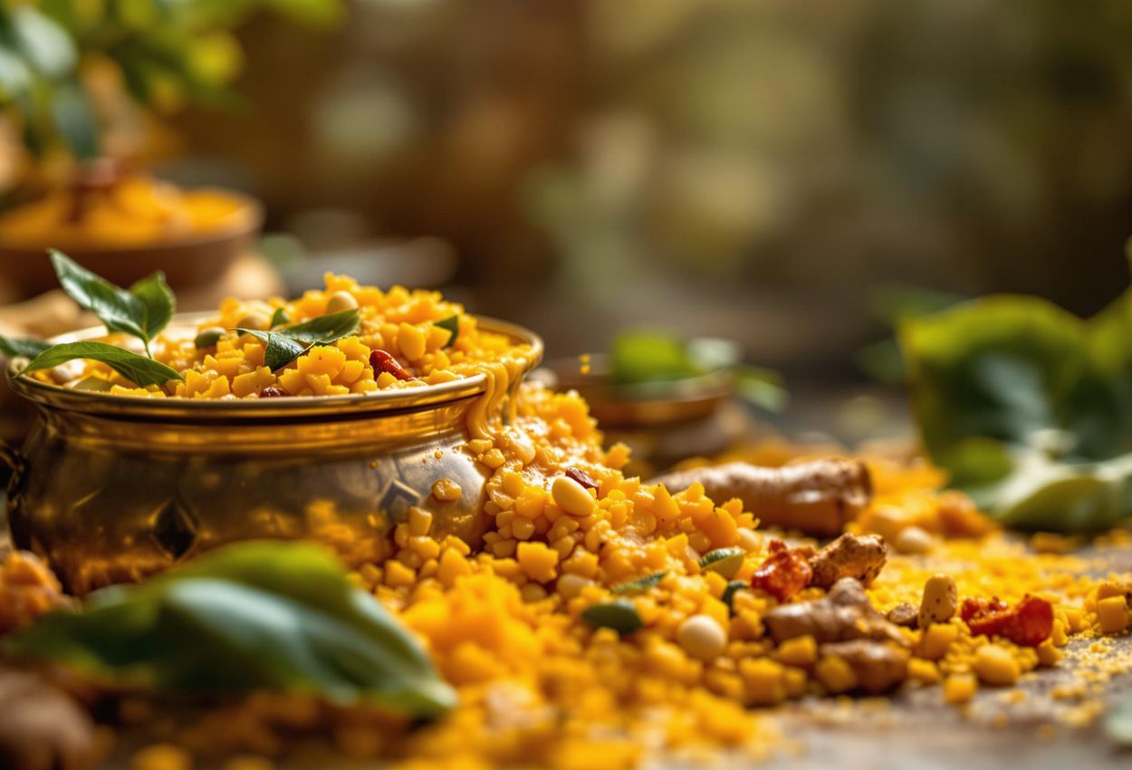 A detailed macro shot of a Pongal pot filled with the traditional Pongal dish, adorned with turmeric and mango leaves, capturing the essence of the Surya Pongal celebration.