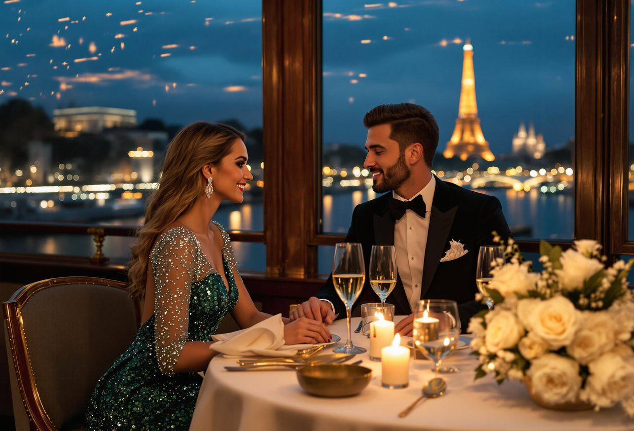 A photograph capturing a couple enjoying a romantic dinner cruise on the Seine River in Paris on New Year