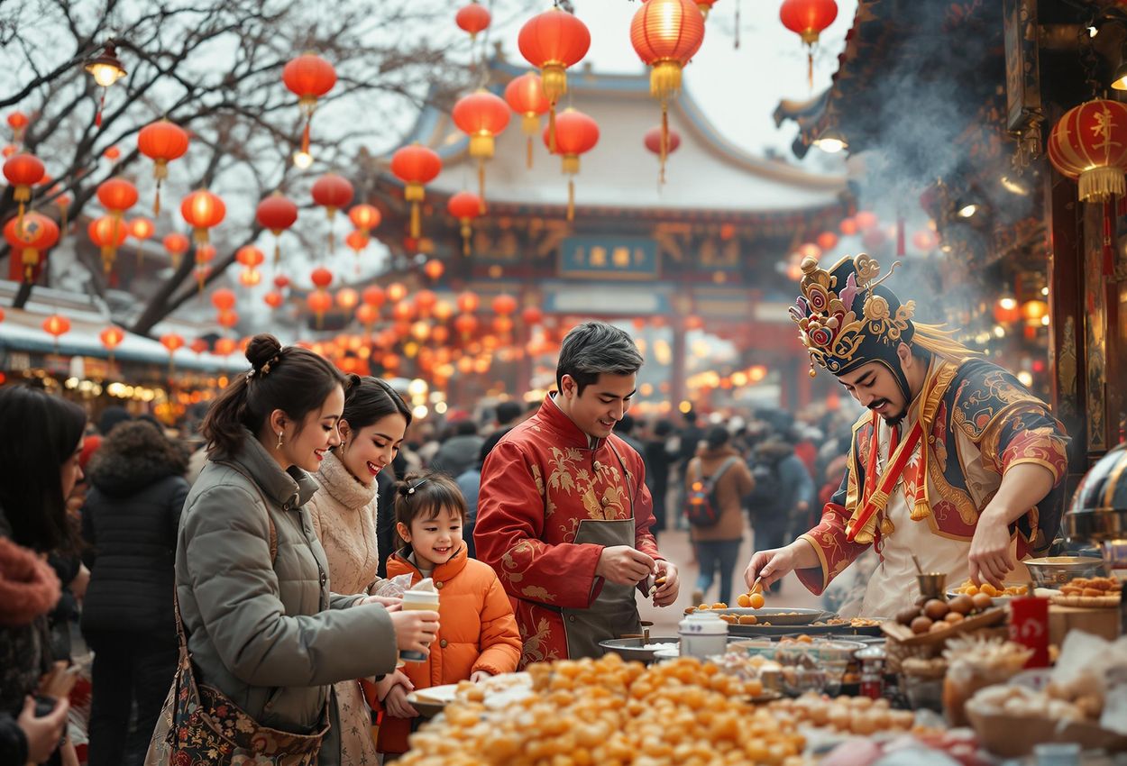 A captivating photograph capturing the bustling atmosphere of the Ditan Park Temple Fair in Beijing during Lunar New Year, showcasing traditional performances, delicious street food, and the joyous spirit of the celebration.