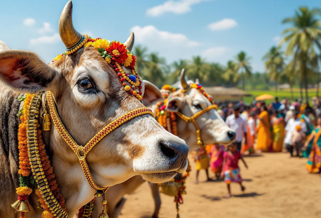 A photograph capturing the vibrant Mattu Pongal festival in a Tamil Nadu village, showcasing cattle adorned with colorful decorations and villagers offering prayers.