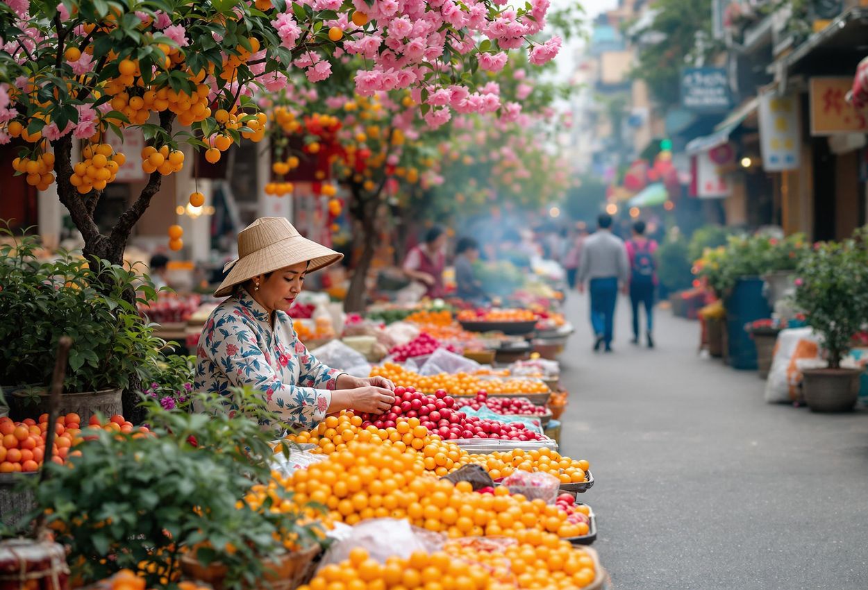 A vibrant photograph capturing the colorful atmosphere of Quang Ba Flower Market in Hanoi during the Tet festival, filled with peach blossoms, kumquat trees, and bustling vendors.