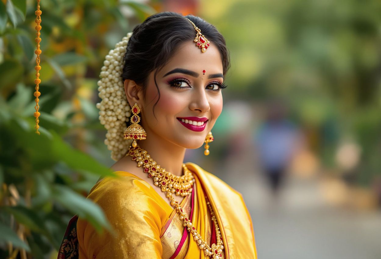 A captivating portrait of a woman adorned in a traditional Kanjivaram silk saree, celebrating the vibrant Pongal festival. The image showcases the elegance and cultural richness of South India.