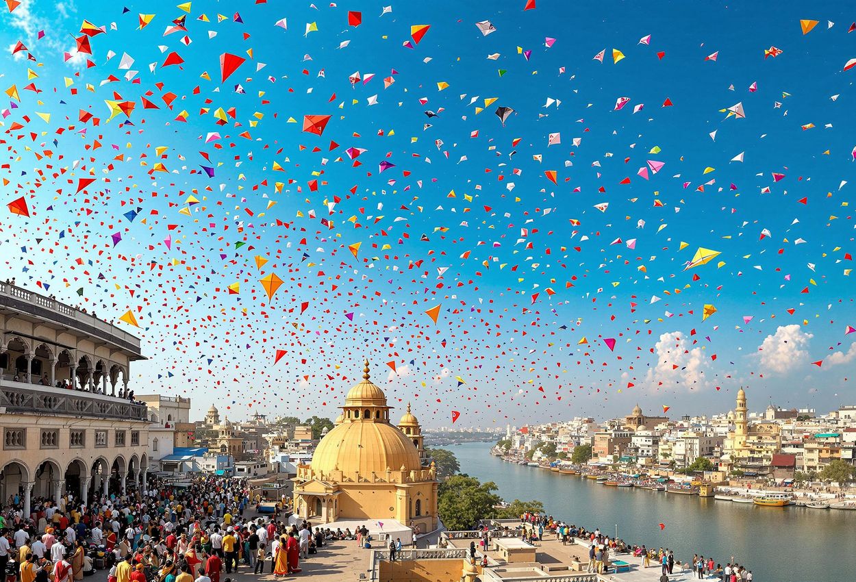 A panoramic photograph capturing the colorful International Kite Festival in Ahmedabad, Gujarat, with thousands of kites filling the sky and families celebrating on rooftops along the Sabarmati Riverfront.