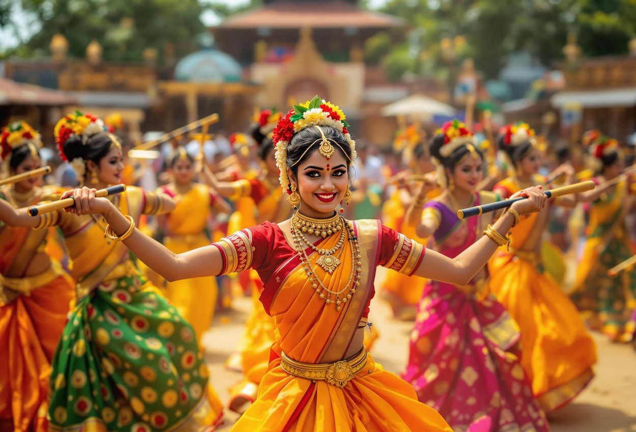 A captivating photograph of a Kolattam dance performance during the Pongal festival in Tamil Nadu, India, showcasing the vibrant colors, rhythmic movements, and cultural richness of this traditional art form.