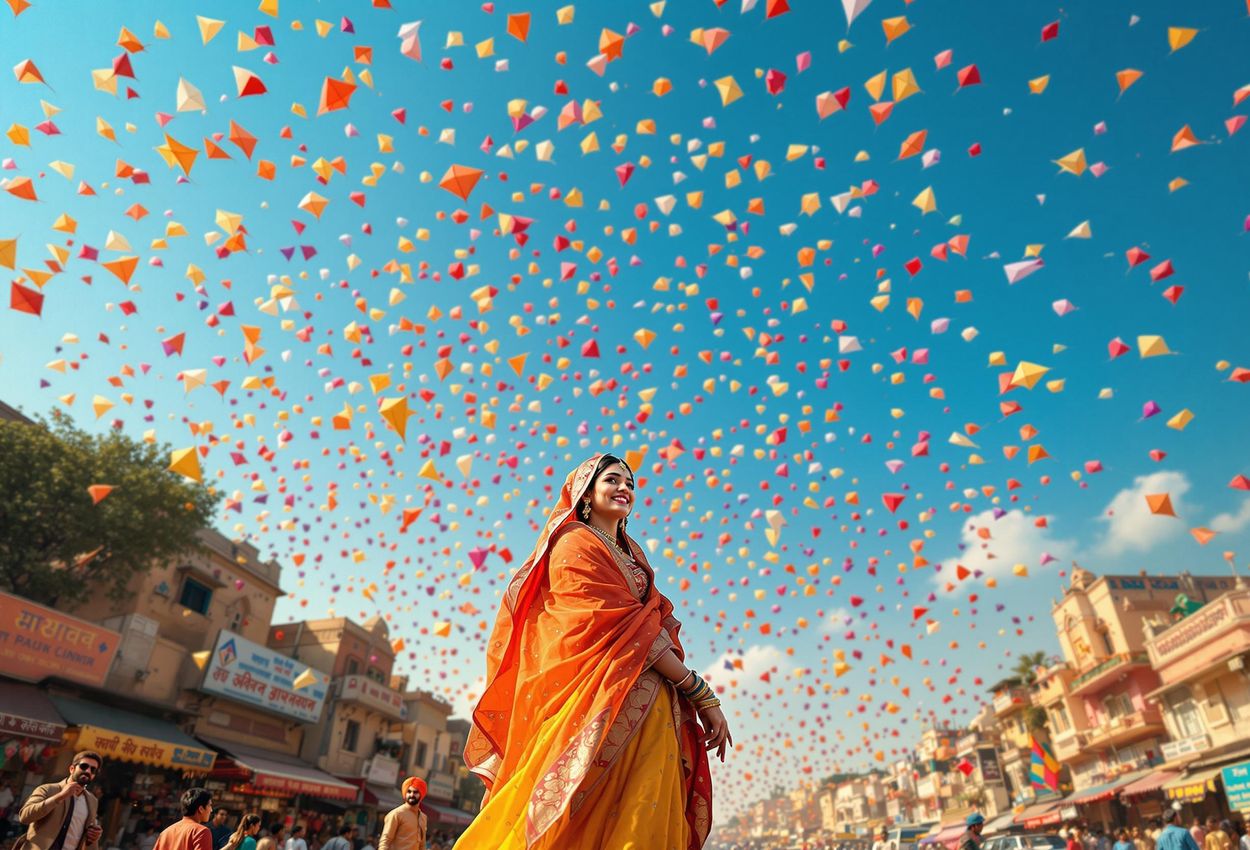 A vibrant street scene in Jaipur, Rajasthan, during the Makar Sankranti kite festival. The sky is filled with colorful kites, and the streets are bustling with people celebrating local culture and traditions.